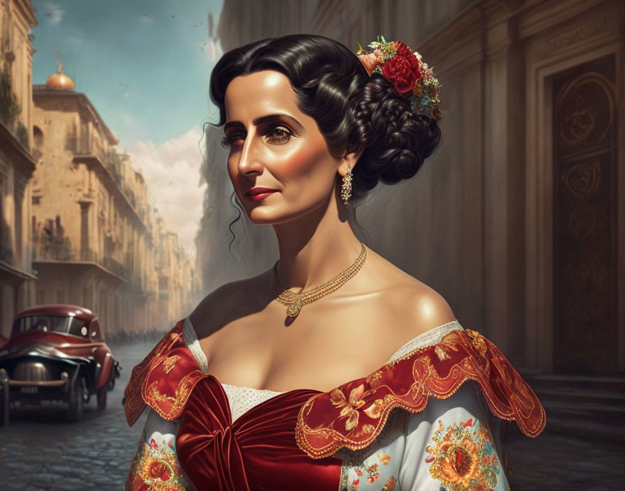 Vintage-inspired digital artwork of a woman on old city street with classic car