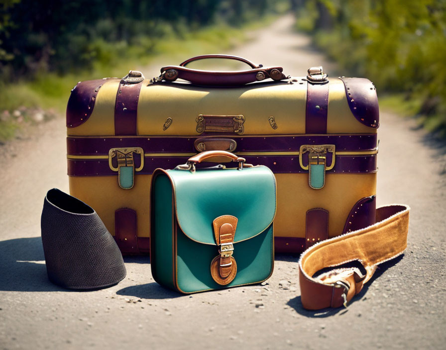 Vintage Teal Luggage, Brown Hat on Sunny Road