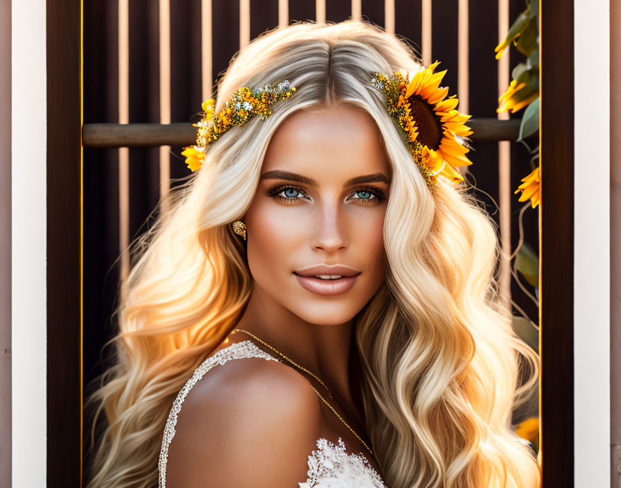 Blonde woman with sunflower hair accessories behind wooden lattice