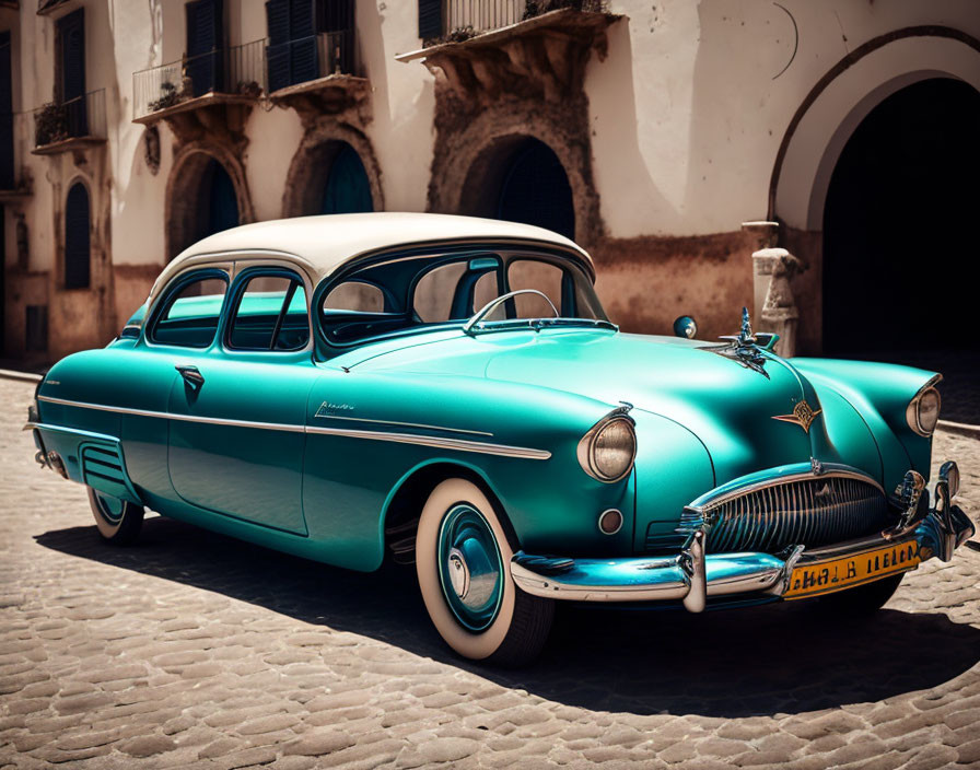 Vintage Turquoise Car on Cobblestone Street with Old Buildings and Arches