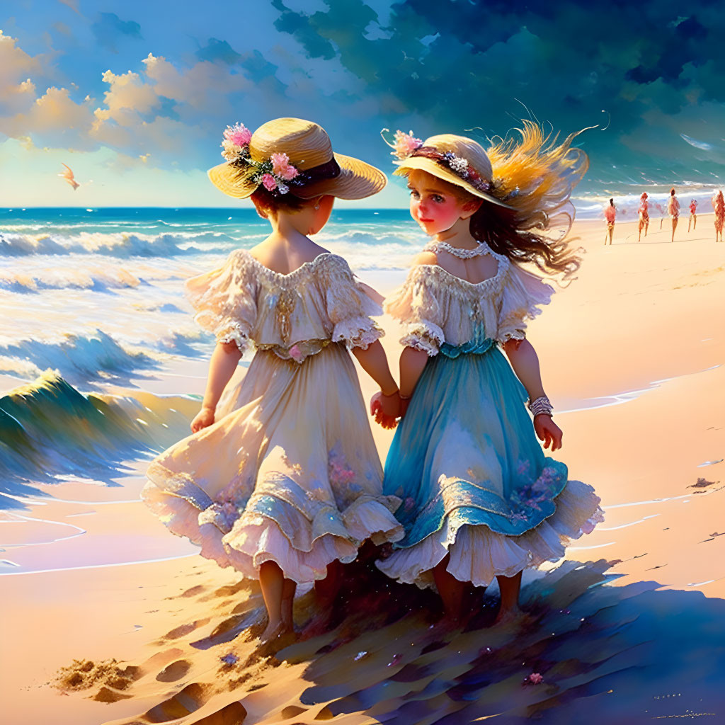 Vintage-dressed girls holding hands on sunny beach