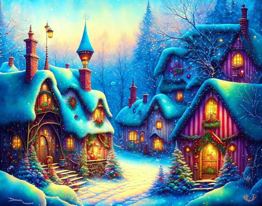 Snow-covered cottages in magical winter scene with glowing street lamp and falling snowflakes