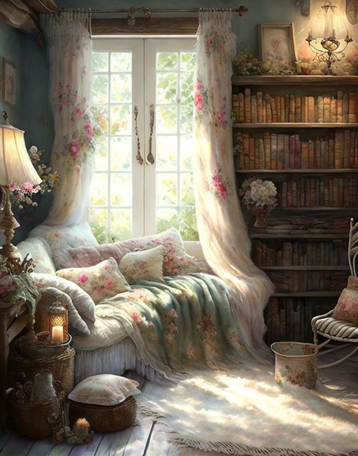 Vintage Room with Soft Bed, Floral Bedding, Bookcase, and Rustic Decor