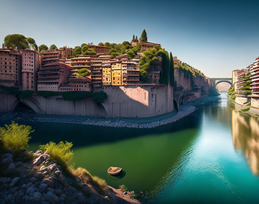 River curving around fortified city with terracotta buildings on hillside and boat under clear sky