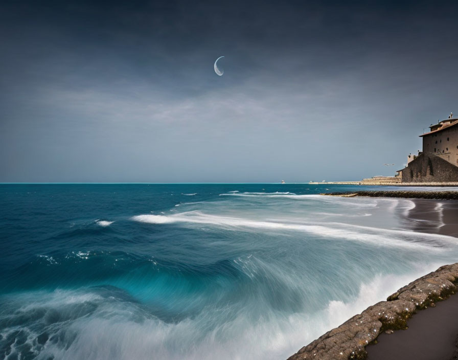 Crescent moon over serene coastal scene with turquoise waves