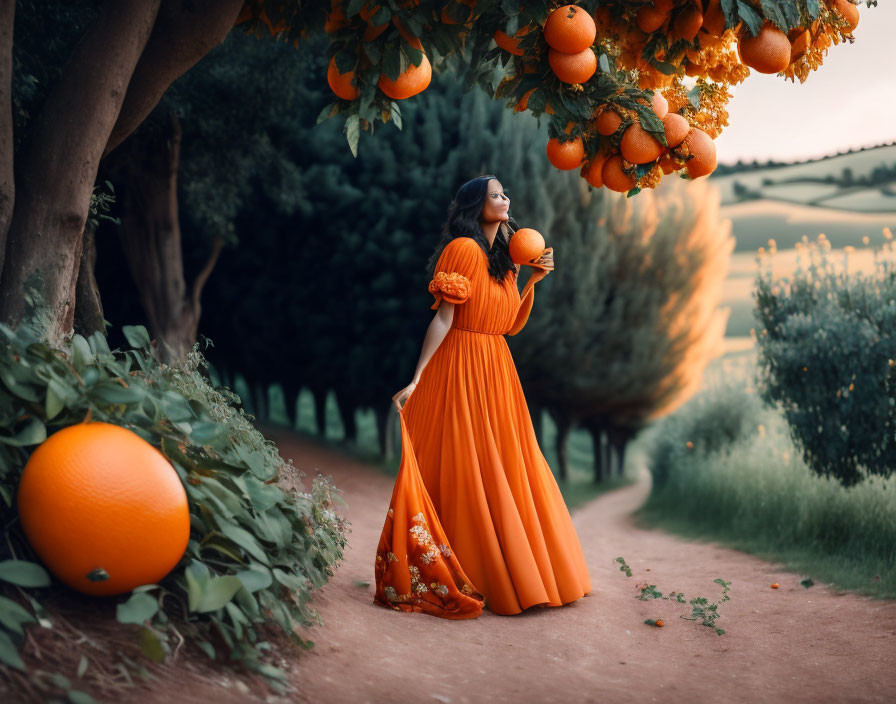 Woman in flowing orange dress in orchard with ripe oranges