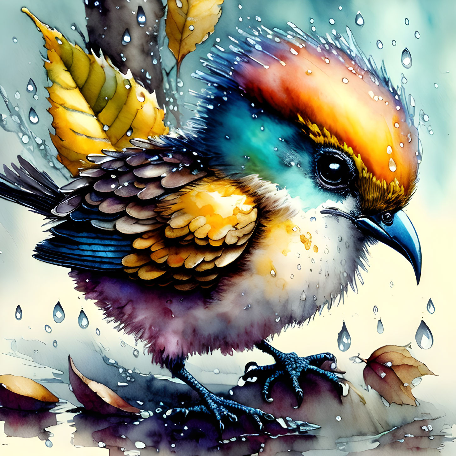 Colorful Bird Illustration Perched Among Water Droplets