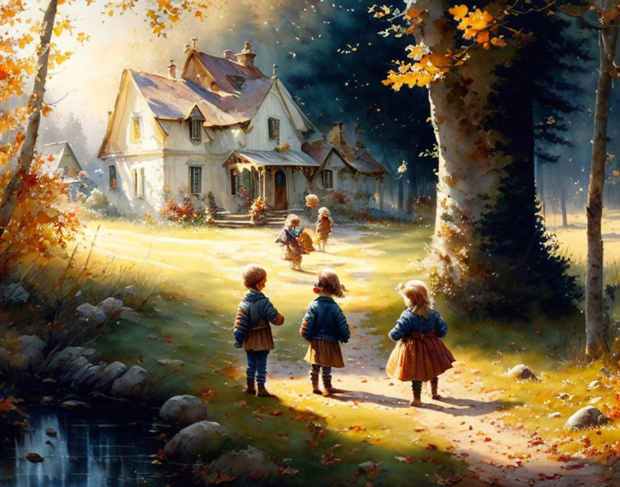 Children playing outside quaint cottage in autumn setting