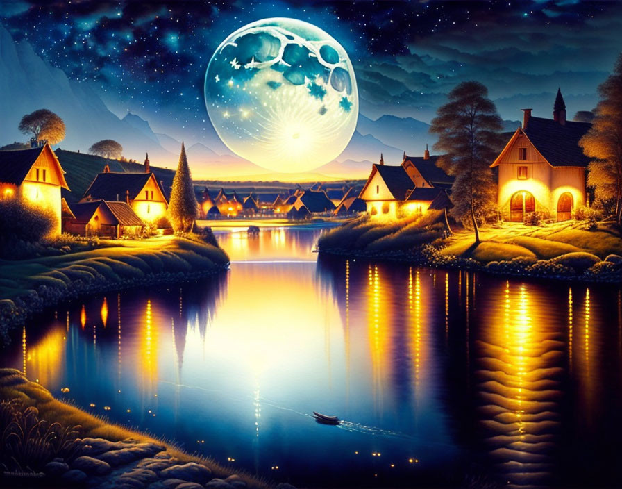 Rural night landscape: cottages, river, moon, boat, butterfly silhouette