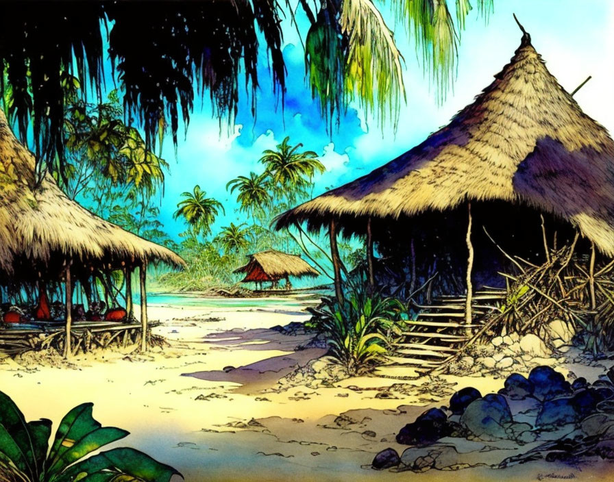 Tranquil tropical beach scene with thatched huts and lush greenery