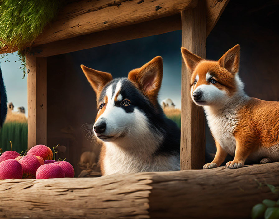 Stylized lifelike dogs with pink fruits in wooden structure