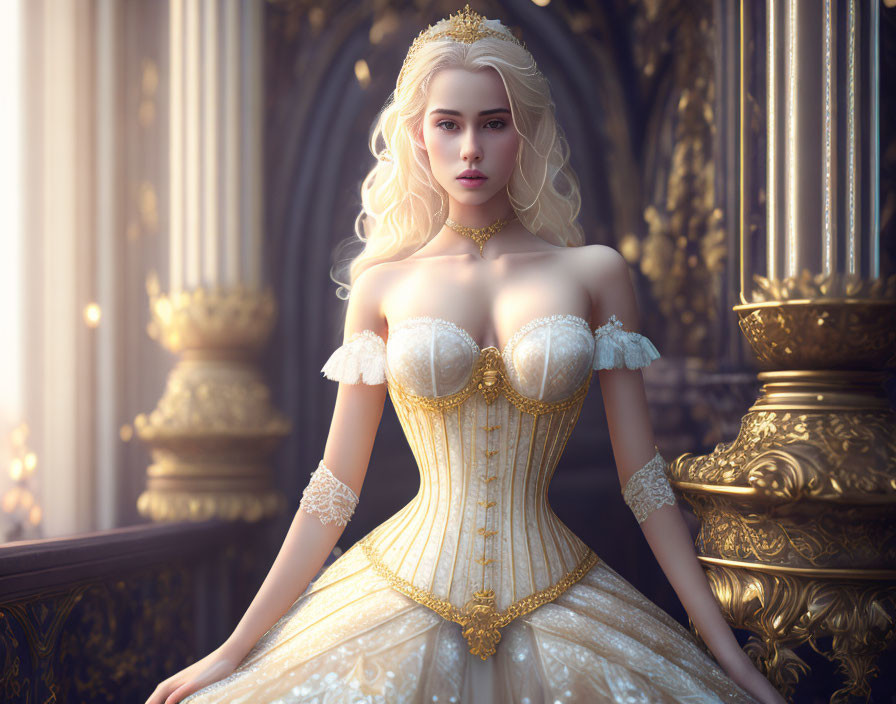 Blond Woman in Gold-Trimmed Corset Dress in Baroque Room