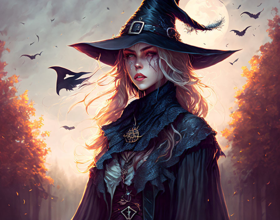 Blonde-haired witch in large hat gazes in autumn forest with bats.