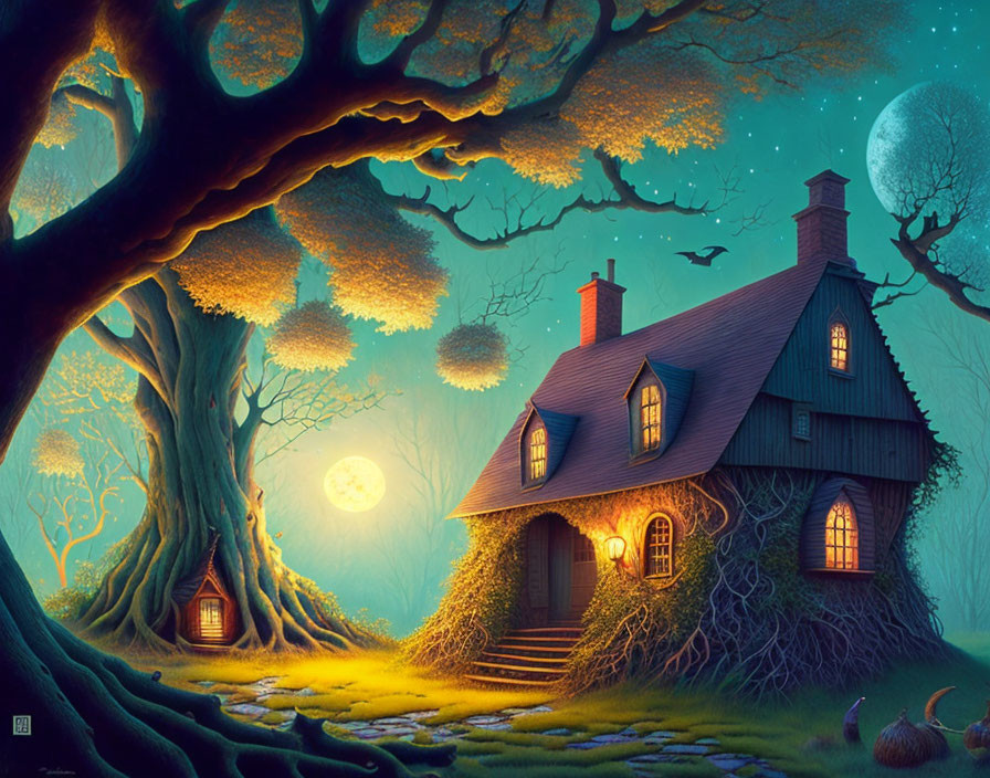 Fantasy illustration of cozy cottage in magical forest at night