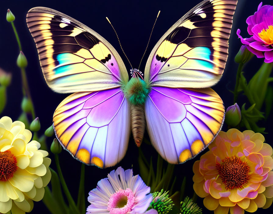 Colorful Butterfly Resting on Multicolored Flowers