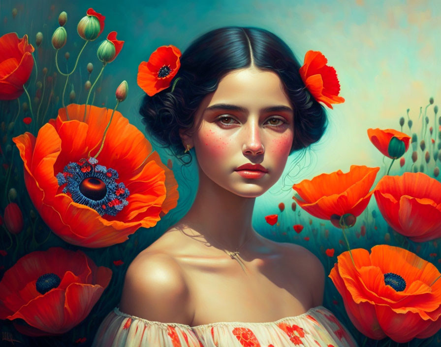 Young woman with dark hair among vibrant red poppies in dreamy setting