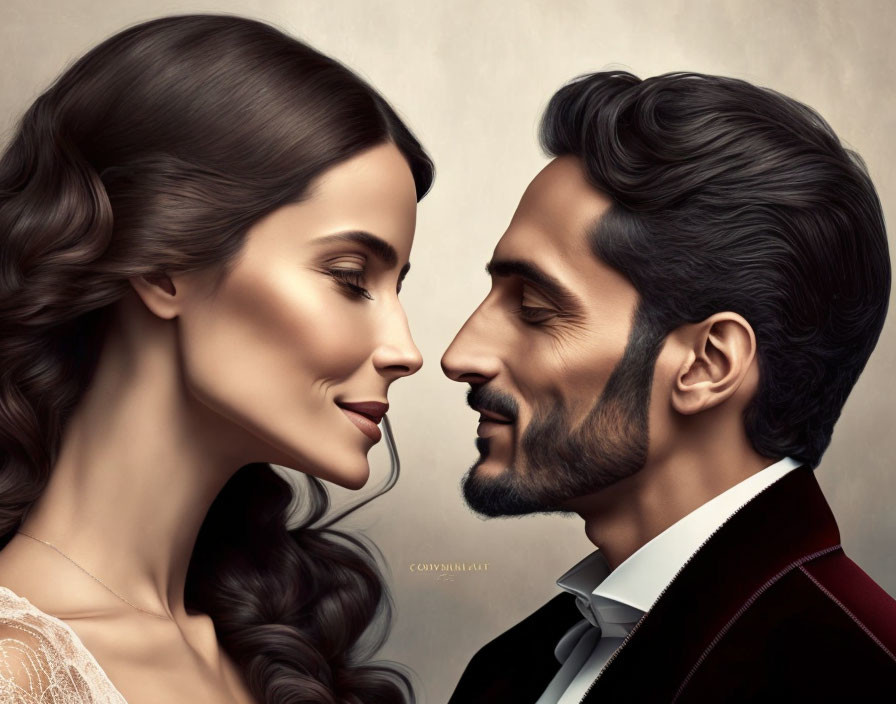 Digital painting of man and woman in profile, ready to kiss, in formal attire with stylized features