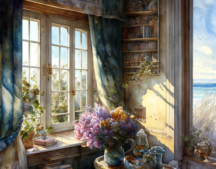 Room with ocean view, sunlight, bookshelf, bouquet, and teacups