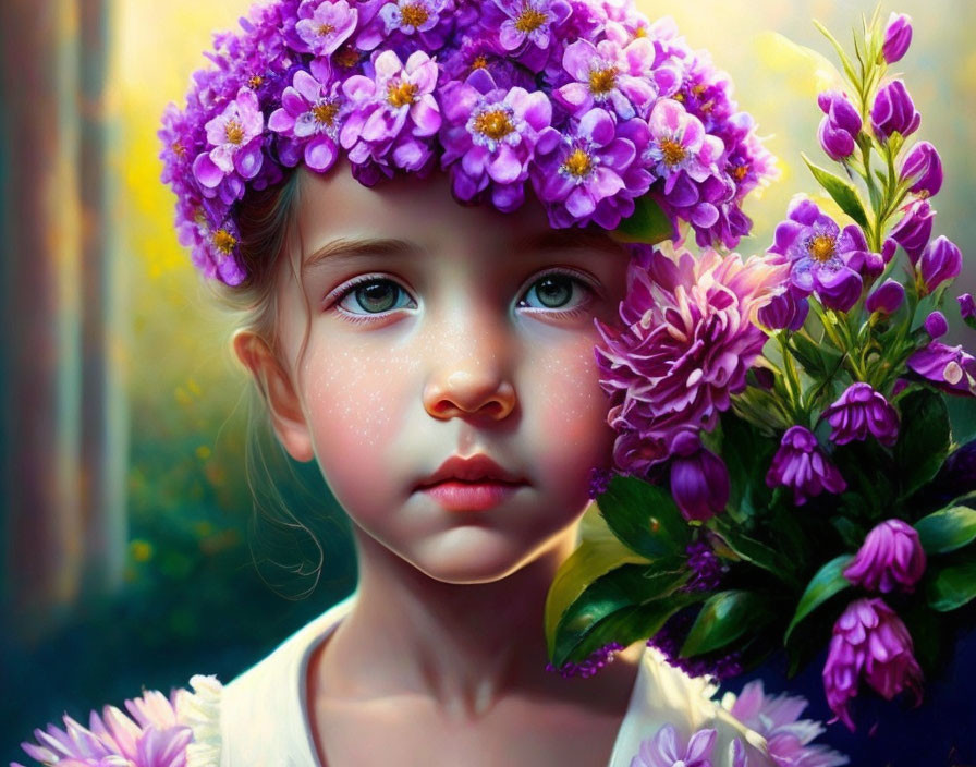 Young girl with purple floral crown and contemplative gaze next to blooming flowers