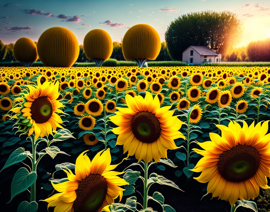 Sunflower Field with Patterned Spheres, House, and Sunset Sky