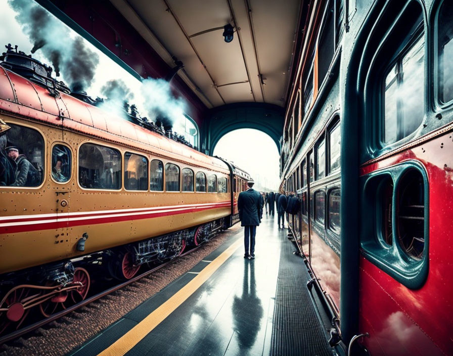 Vintage Red and Yellow Steam Train at Station with Passengers