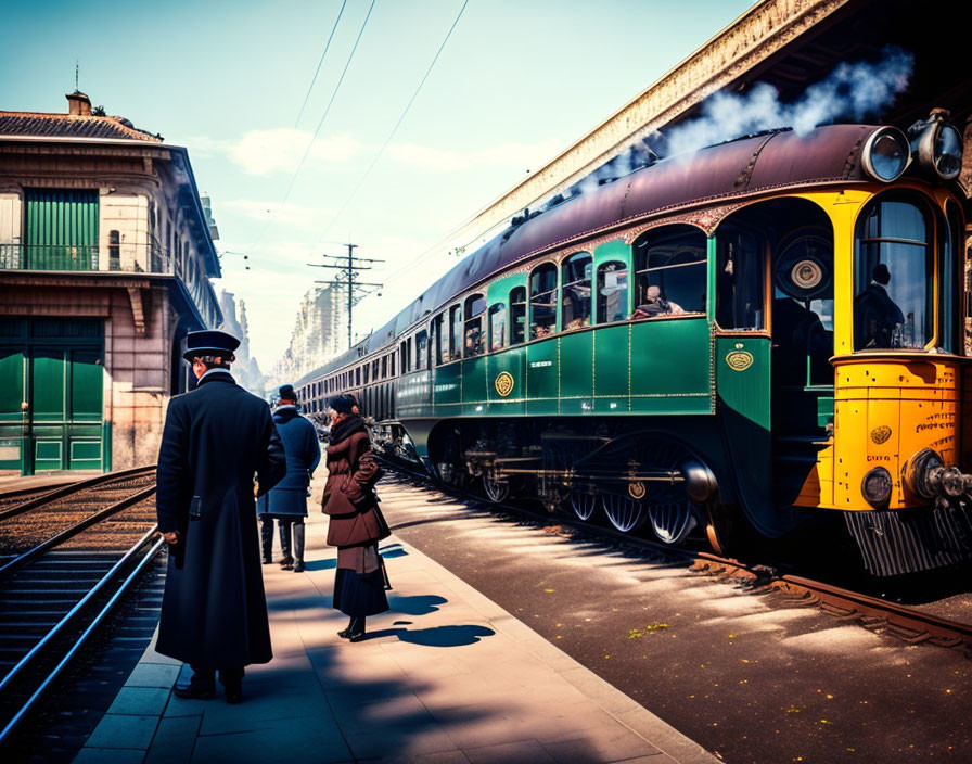 Vintage Train Station Scene with Conductor, Passengers, and Steam Train