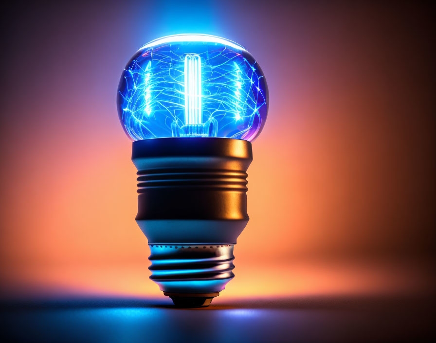 Illuminated light bulb with blue electrical currents on orange and pink gradient.