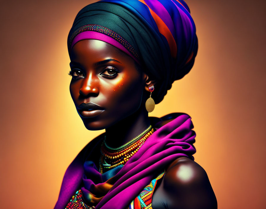 Colorful portrait of woman with striking makeup, headwrap, and necklace on warm amber background