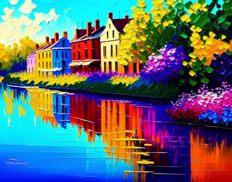 Colorful Impressionistic Painting of Houses by River with Bold Brushstrokes