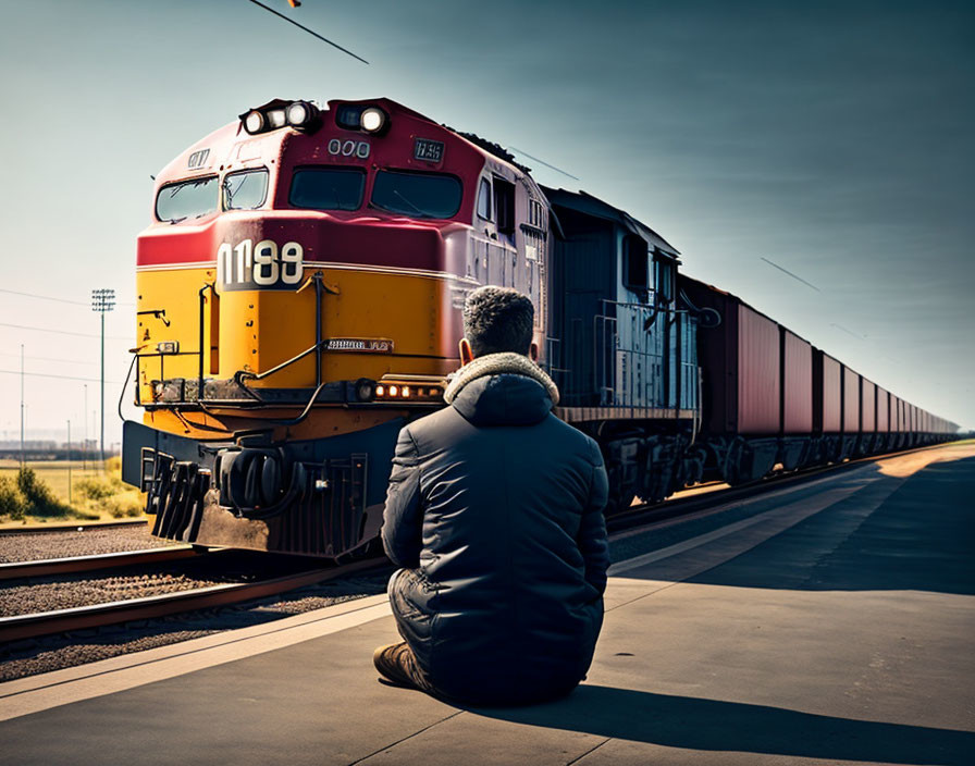 Person sitting on railway platform, looking at red-and-yellow locomotive and freight cars