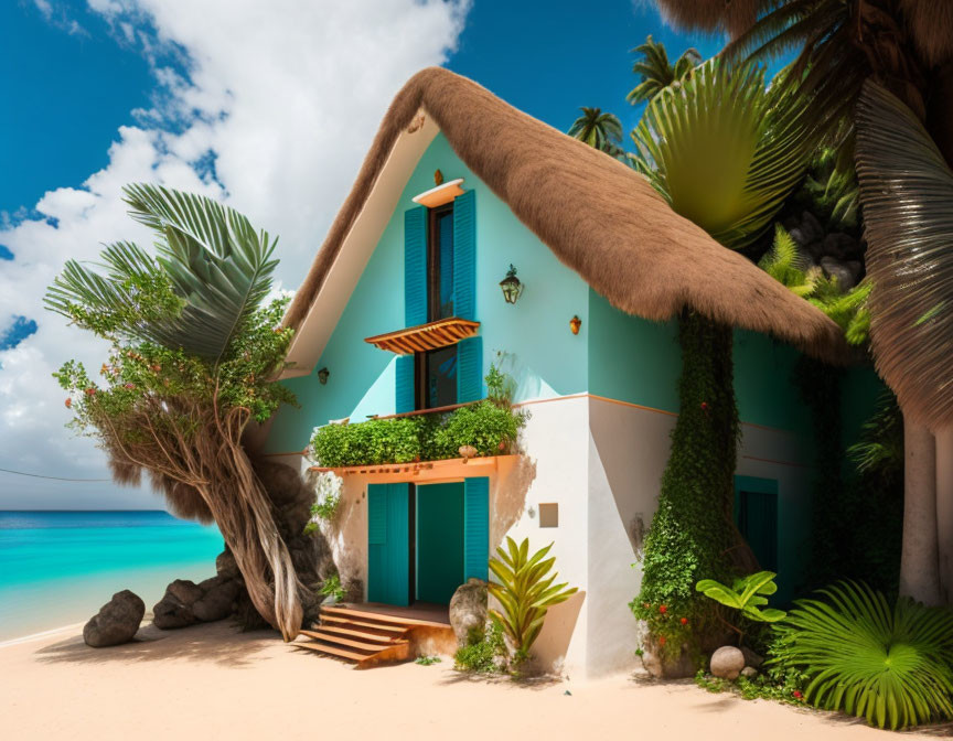 Teal Beach House with Palm Roof by Serene Blue Ocean