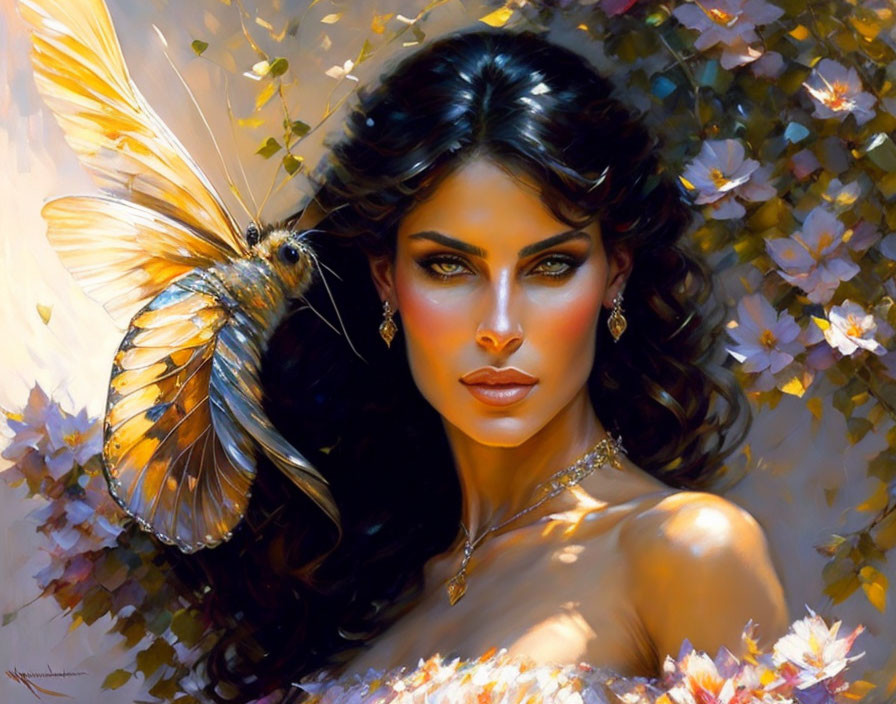 Dark-haired woman with intense eyes and butterfly on shoulder among blooming flowers.