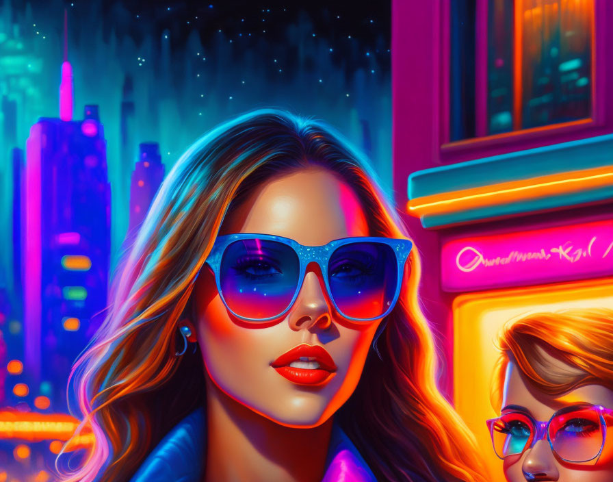 Neon-lit cityscape digital artwork with two women in stylish glasses