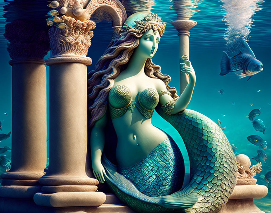 Illustrated mermaid with crown and shell top among stone pillars underwater.