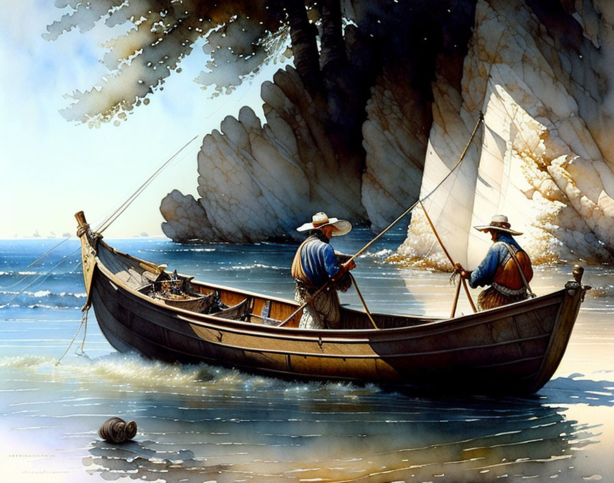 Fishing scene in wooden boat near rocky cliffs