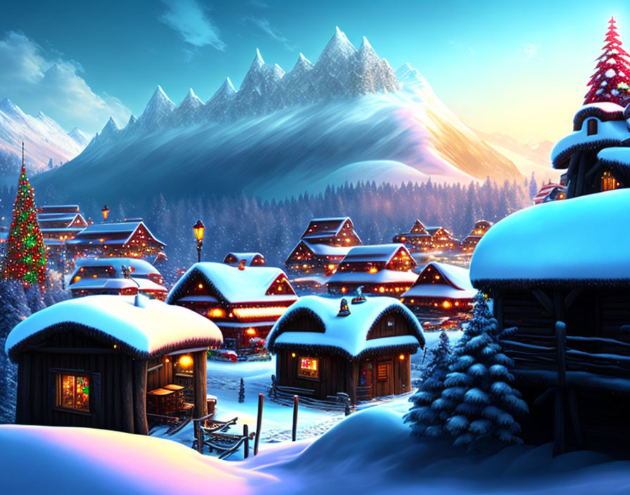 Snow-covered winter village with twinkling lights and Christmas trees against majestic mountains at dusk