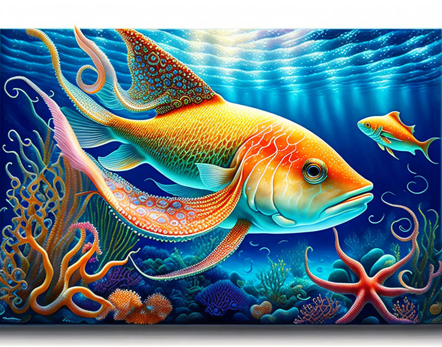 Colorful painting: Large ornate fish in vibrant underwater scene