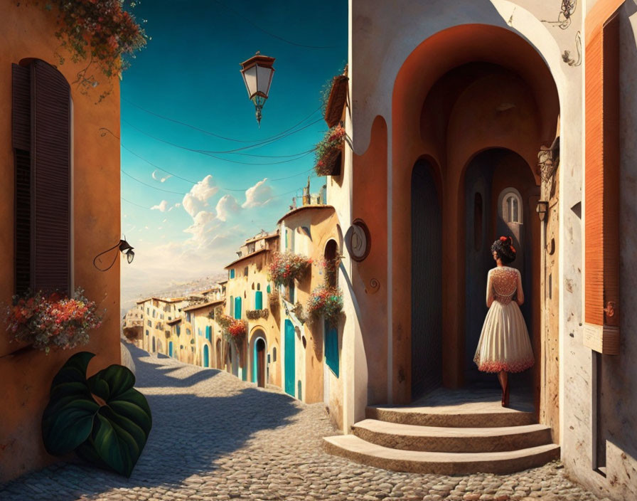 Woman in dress by arched doorway on picturesque street with vintage buildings