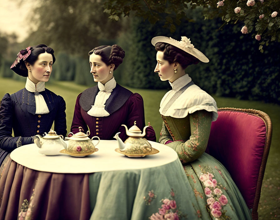 Victorian tea party scene with three women in garden setting