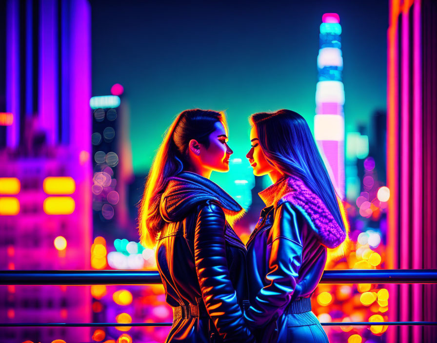 Two women on balcony at night with city lights and skyscrapers.