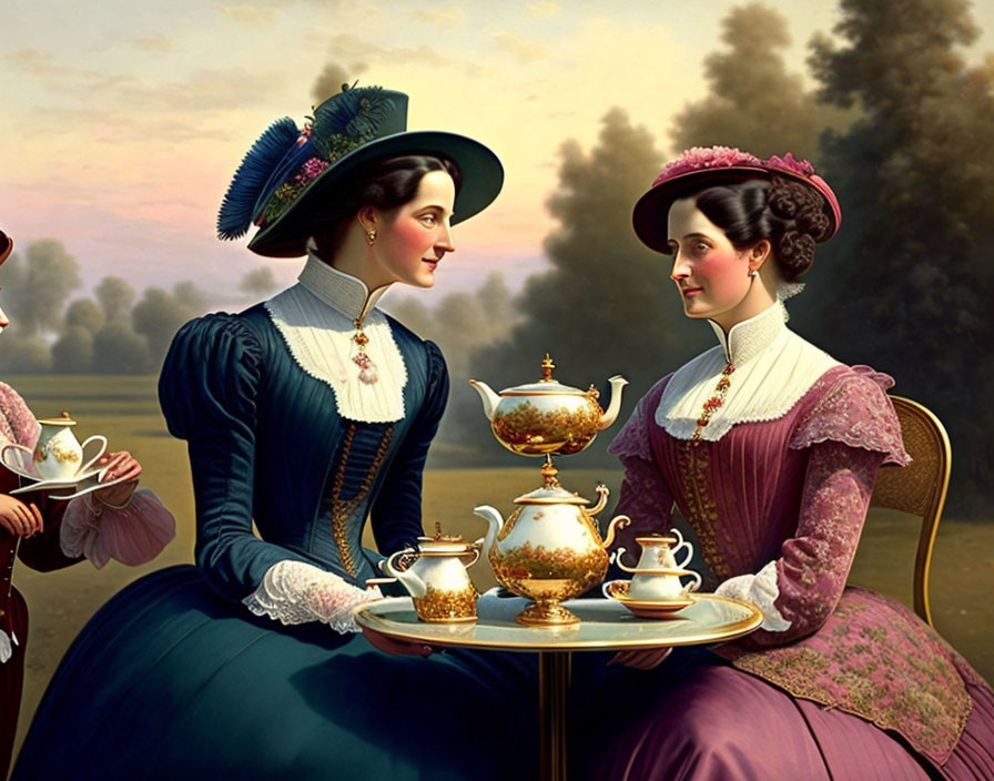 Elegantly dressed women having tea outdoors in historical setting