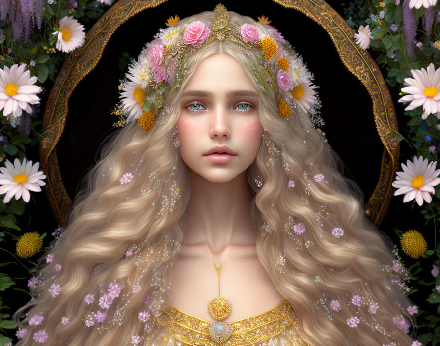 Blond woman in floral crown and golden dress against floral backdrop