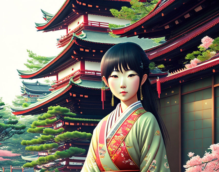 Traditional kimono-clad woman by red pagoda with cherry blossoms