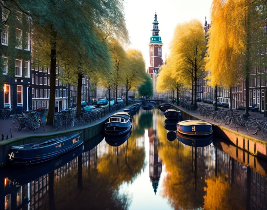 Tranquil Amsterdam canal at dusk with trees, bicycles, boats, and church tower.