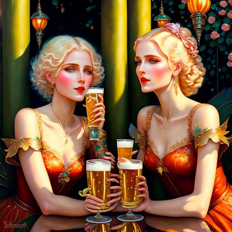 Identical women in orange dresses with beer glasses in ornate setting