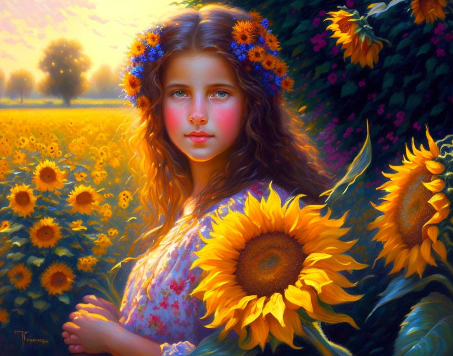 Girl with Blue Flower Crown Surrounded by Sunflowers in Sunlit Field