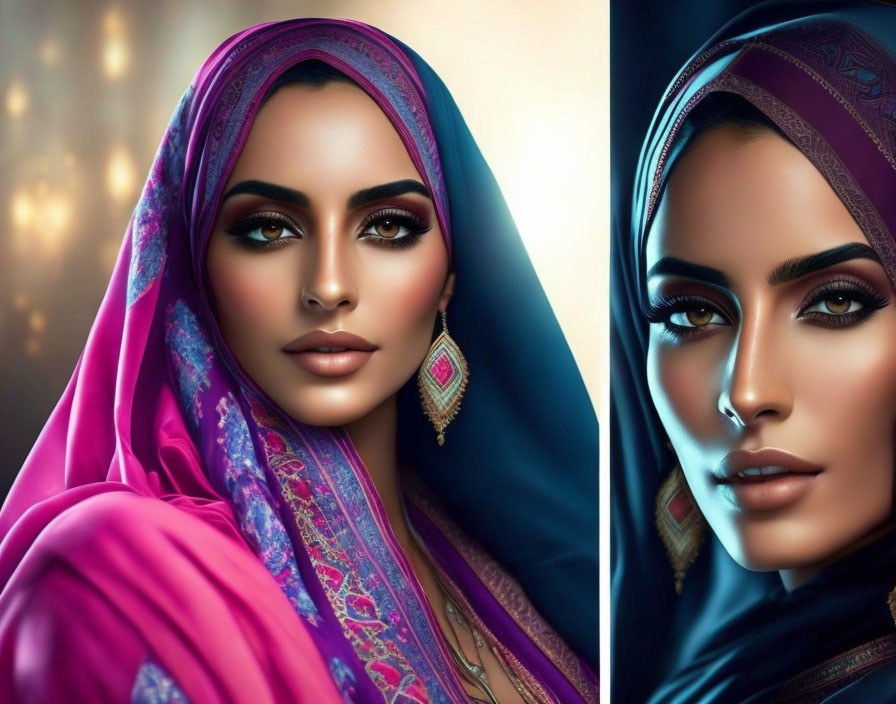 Colorful Hijab Woman Diptych: Forward & Profile Poses with Makeup & Jewelry