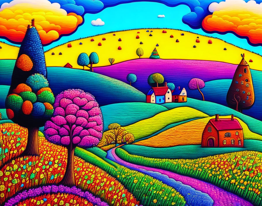 Colorful Stylized Landscape with Rolling Hills and Whimsical Trees