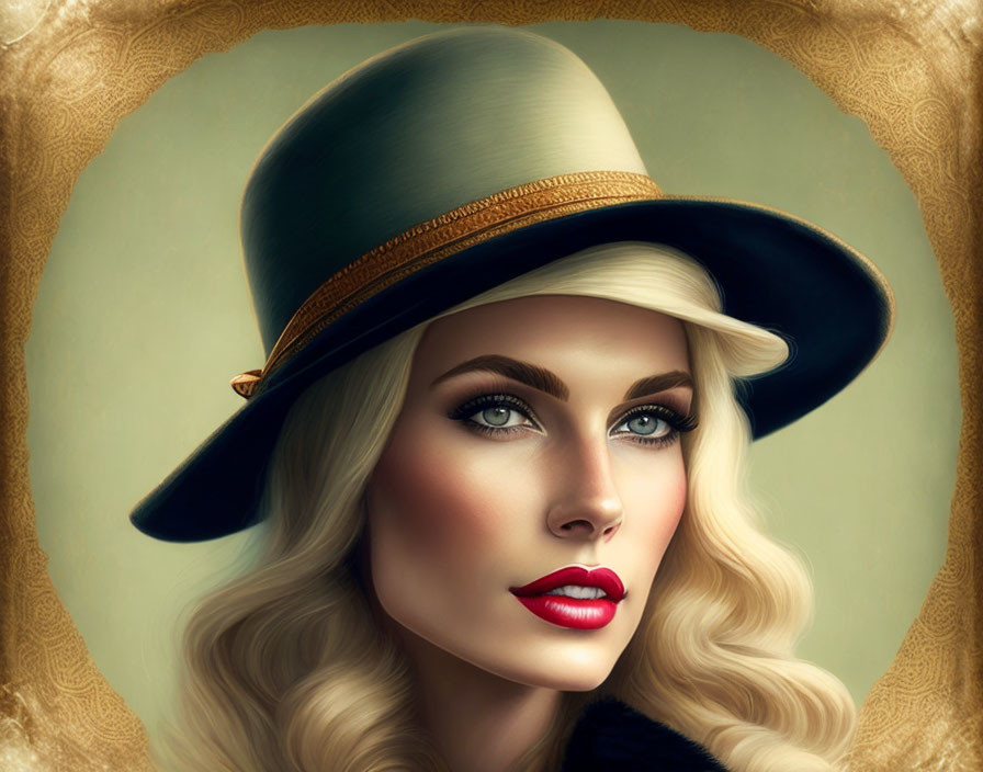 Blonde woman in green hat with blue eyes and red lipstick portrait.