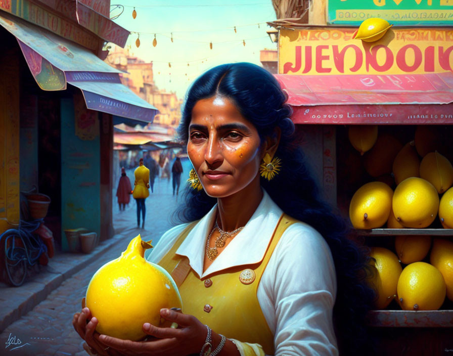 Dark-haired woman with traditional earrings holding large lemon in bustling market street.